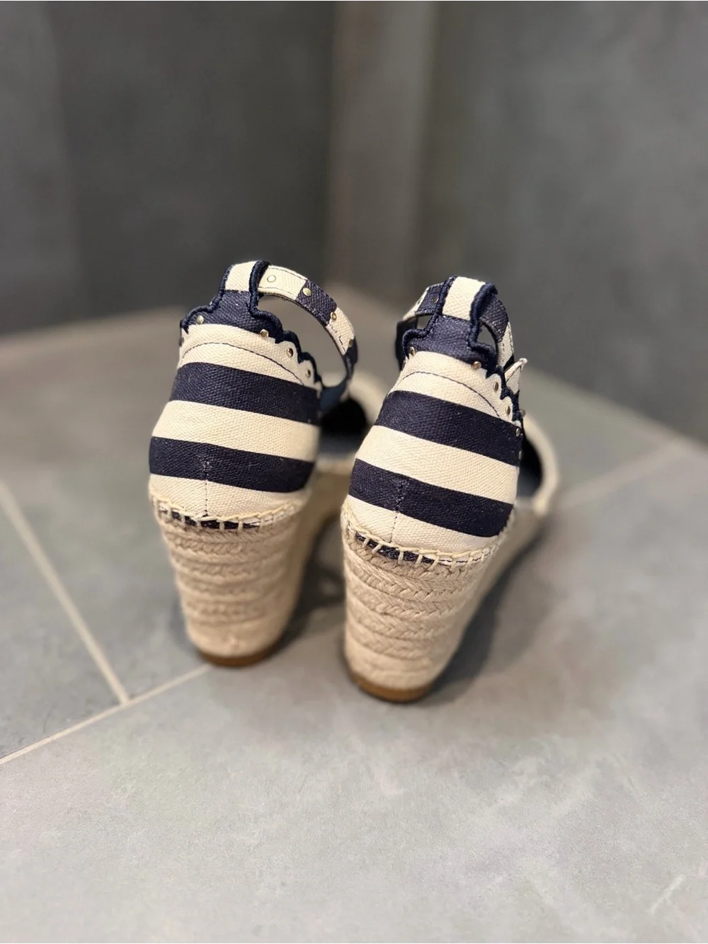 kate spade Navy and White Striped Espadrille Wedge with Ankle Strap